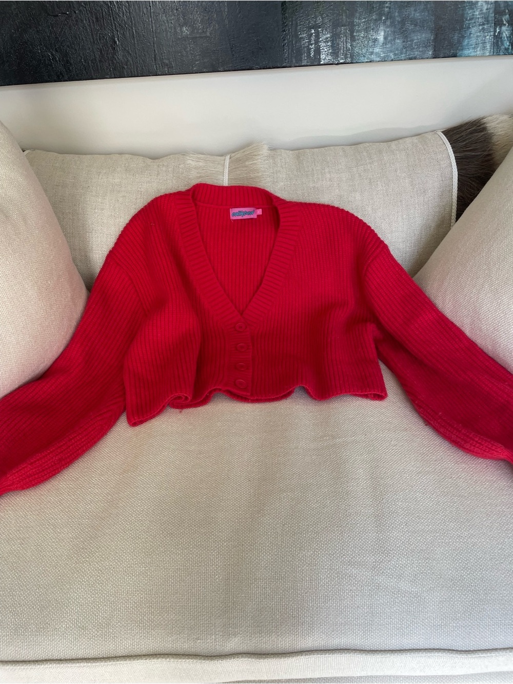 Edikted Red Cropped V-Neck Button-Up Cardigan